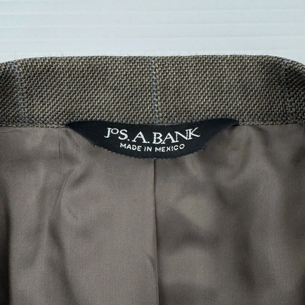 Jos A Bank 44R Sport Coat Blazer Taupe Gray Silk Camel Hair Windowpane